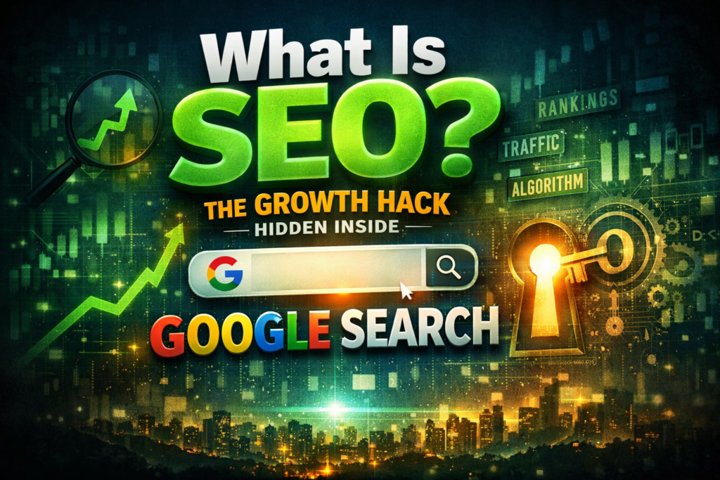 What is SEO growth hack concept with Google search bar, ranking charts, traffic growth arrows and digital marketing visuals