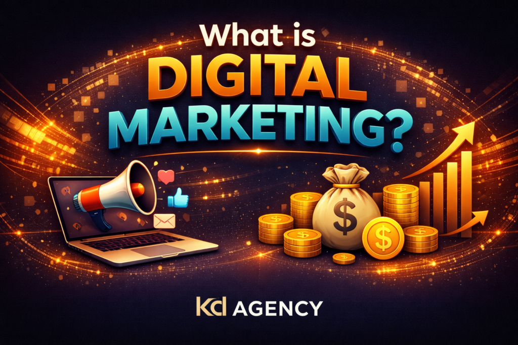 “What is digital marketing illustration showing clicks turning into cash with laptop, icons and growth graph”